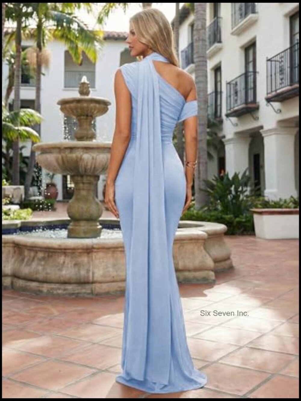 One Shoulder Formal Evening Gown with Built-in Bra Mesh Ruched Maxi Dress - Picture 3 of 7